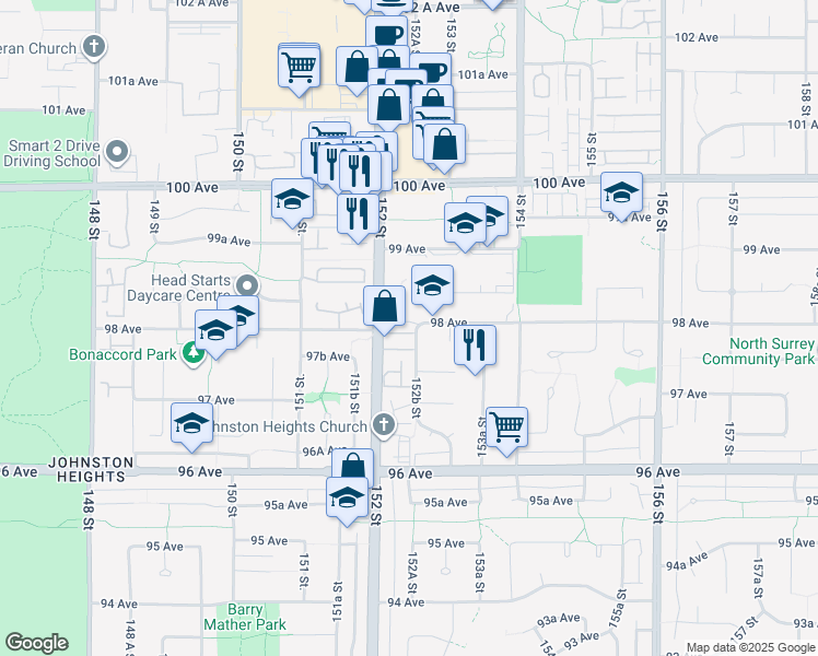 map of restaurants, bars, coffee shops, grocery stores, and more near 9785 152B Street in Surrey