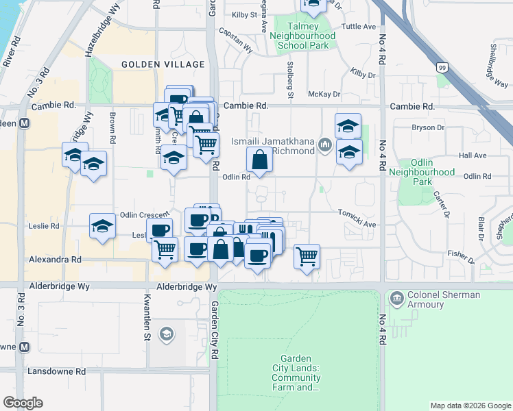 map of restaurants, bars, coffee shops, grocery stores, and more near 9199 Tomicki Avenue in Richmond