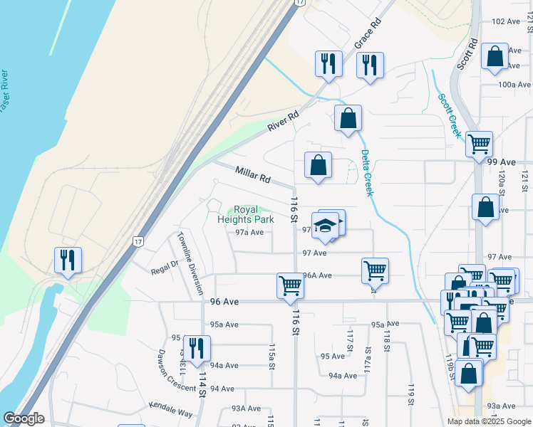 map of restaurants, bars, coffee shops, grocery stores, and more near 12921 115A Street in Surrey