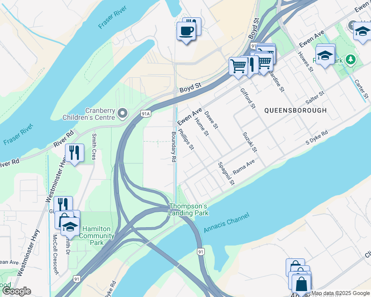 map of restaurants, bars, coffee shops, grocery stores, and more near 238 Phillips Street in New Westminster