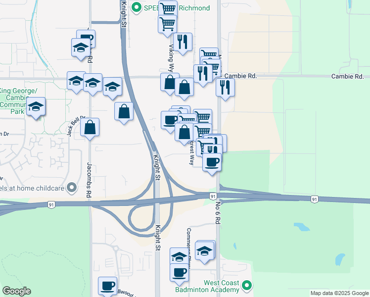 map of restaurants, bars, coffee shops, grocery stores, and more near 13500 Maycrest Way in Richmond