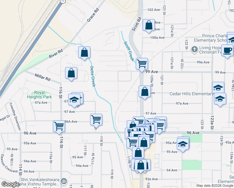 map of restaurants, bars, coffee shops, grocery stores, and more near 11874 98 Avenue in Surrey