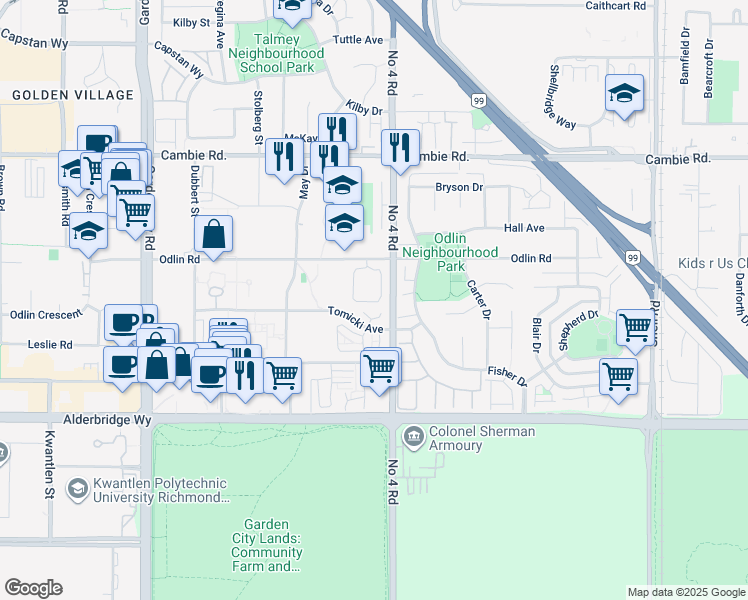 map of restaurants, bars, coffee shops, grocery stores, and more near 9800 Odlin Road in Richmond