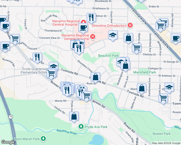 map of restaurants, bars, coffee shops, grocery stores, and more near 1311 Boundary Crescent in Nanaimo