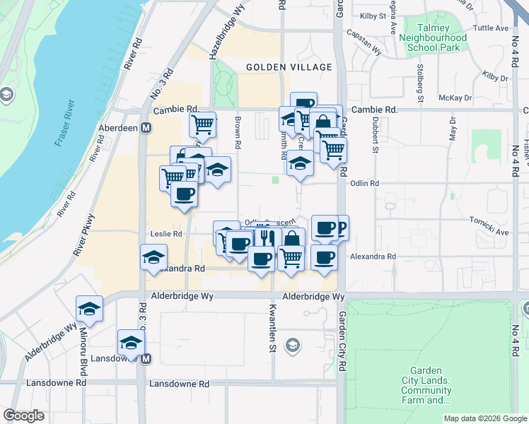 map of restaurants, bars, coffee shops, grocery stores, and more near 4540 Northey Road in Richmond