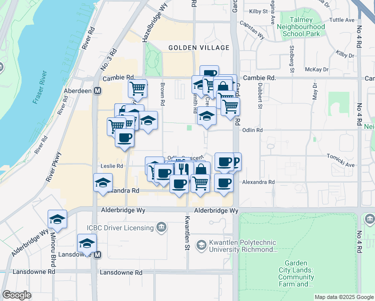 map of restaurants, bars, coffee shops, grocery stores, and more near 4551 Odlin Place in Richmond