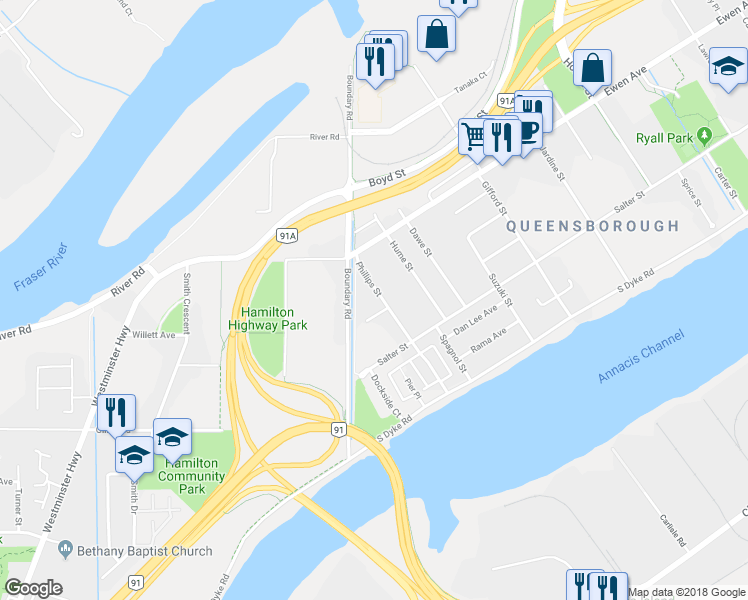 map of restaurants, bars, coffee shops, grocery stores, and more near 238 Phillips Street in New Westminster
