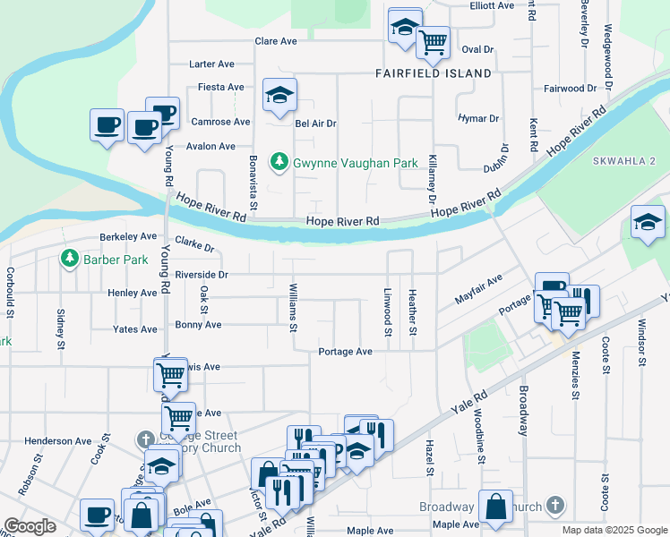 map of restaurants, bars, coffee shops, grocery stores, and more near 46271 Riverside Drive in Chilliwack
