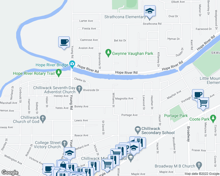 map of restaurants, bars, coffee shops, grocery stores, and more near 46175 Riverside Drive in Chilliwack