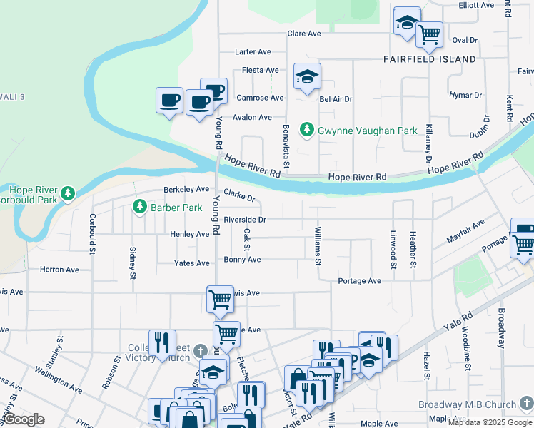map of restaurants, bars, coffee shops, grocery stores, and more near 46091 Clarke Drive in Chilliwack
