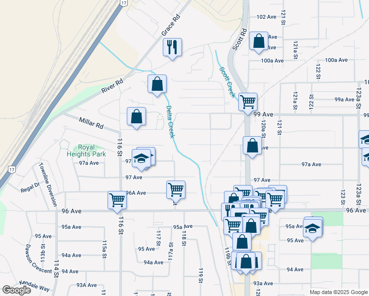 map of restaurants, bars, coffee shops, grocery stores, and more near 11790 98 Avenue in Surrey