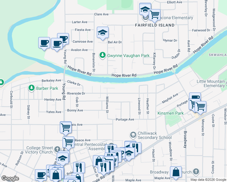 map of restaurants, bars, coffee shops, grocery stores, and more near 46223 Riverside Drive in Chilliwack
