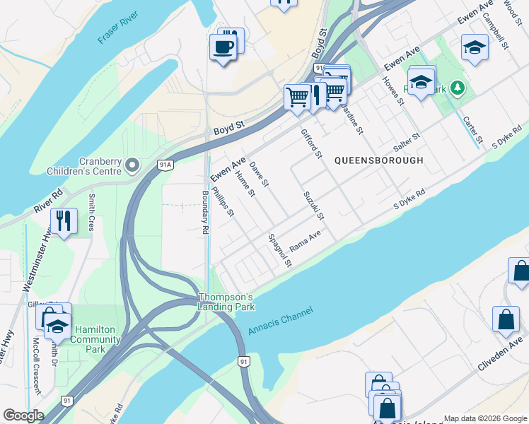 map of restaurants, bars, coffee shops, grocery stores, and more near 213 Hume Street in New Westminster