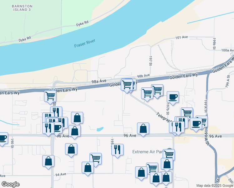 map of restaurants, bars, coffee shops, grocery stores, and more near 19520 Telegraph Trail in Surrey