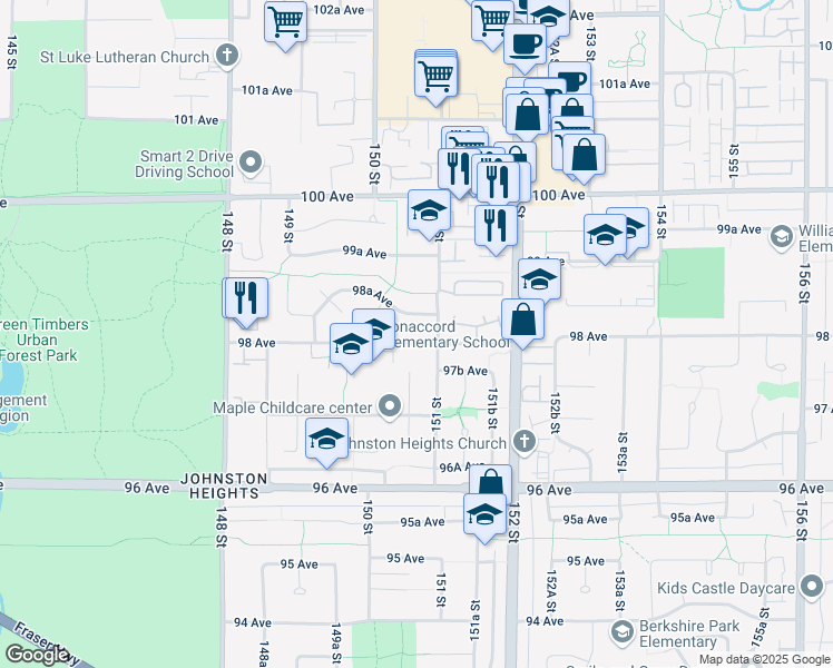 map of restaurants, bars, coffee shops, grocery stores, and more near 15063 98 Avenue in Surrey