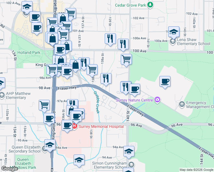 map of restaurants, bars, coffee shops, grocery stores, and more near 13897 Fraser Highway in Surrey