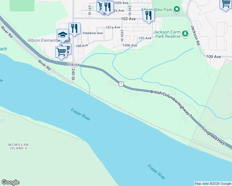 map of restaurants, bars, coffee shops, grocery stores, and more near 24228 River Road in Maple Ridge