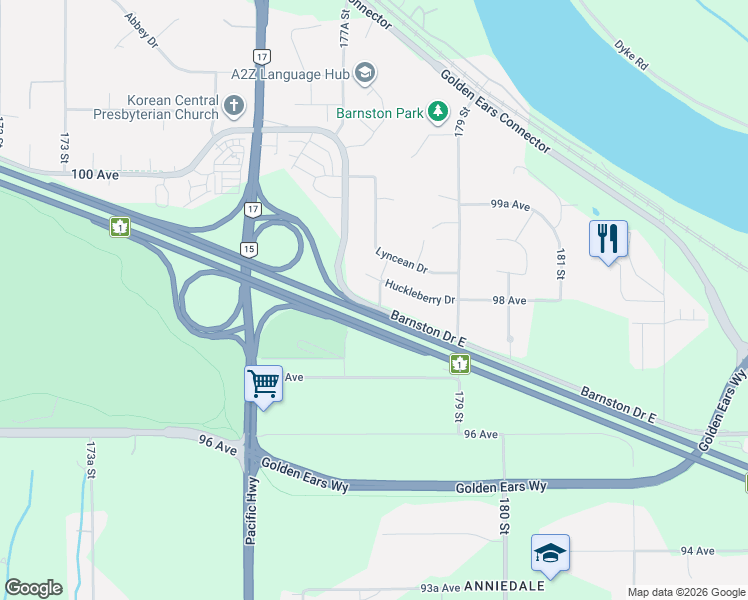 map of restaurants, bars, coffee shops, grocery stores, and more near 17781 Barnston Drive East in Surrey
