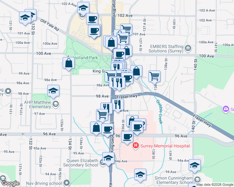 map of restaurants, bars, coffee shops, grocery stores, and more near 9808 King George Boulevard in Surrey