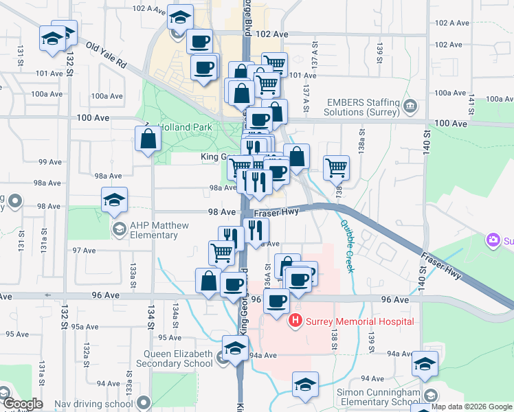map of restaurants, bars, coffee shops, grocery stores, and more near 13615 Fraser Highway in Surrey