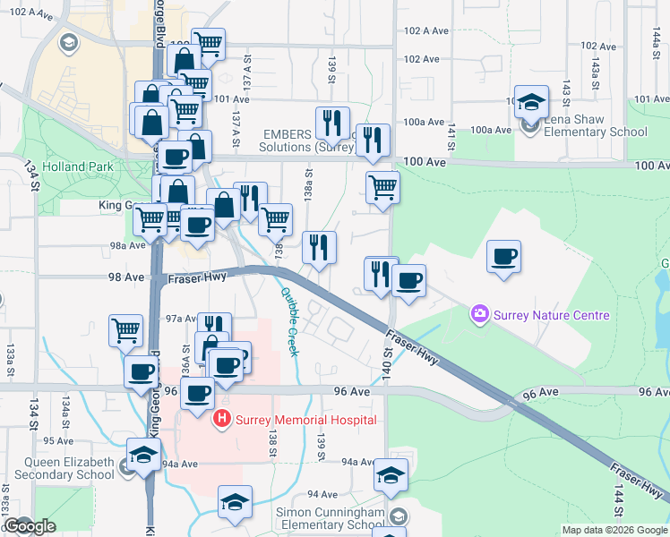 map of restaurants, bars, coffee shops, grocery stores, and more near 9815 140 Street in Surrey