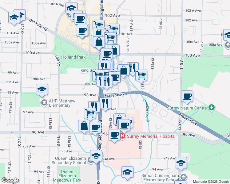 map of restaurants, bars, coffee shops, grocery stores, and more near 13655 Fraser Highway in Surrey
