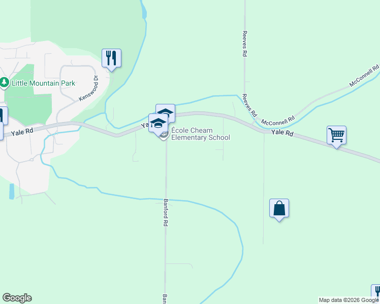 map of restaurants, bars, coffee shops, grocery stores, and more near 9850 Banford Road in Chilliwack