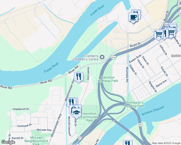 map of restaurants, bars, coffee shops, grocery stores, and more near 4340 Smith Crescent in Richmond