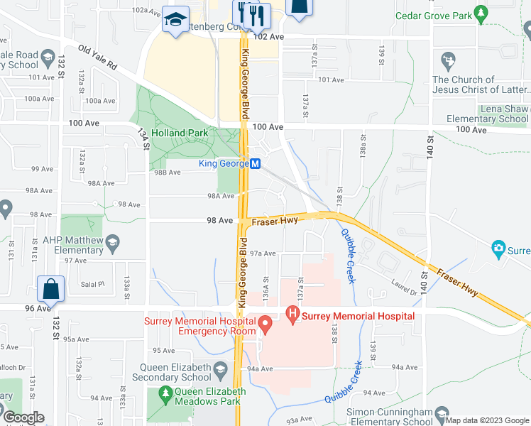 map of restaurants, bars, coffee shops, grocery stores, and more near in Surrey