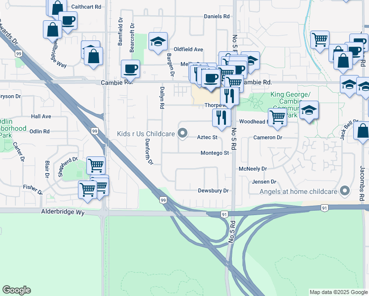 map of restaurants, bars, coffee shops, grocery stores, and more near 11631 Montego Street in Richmond