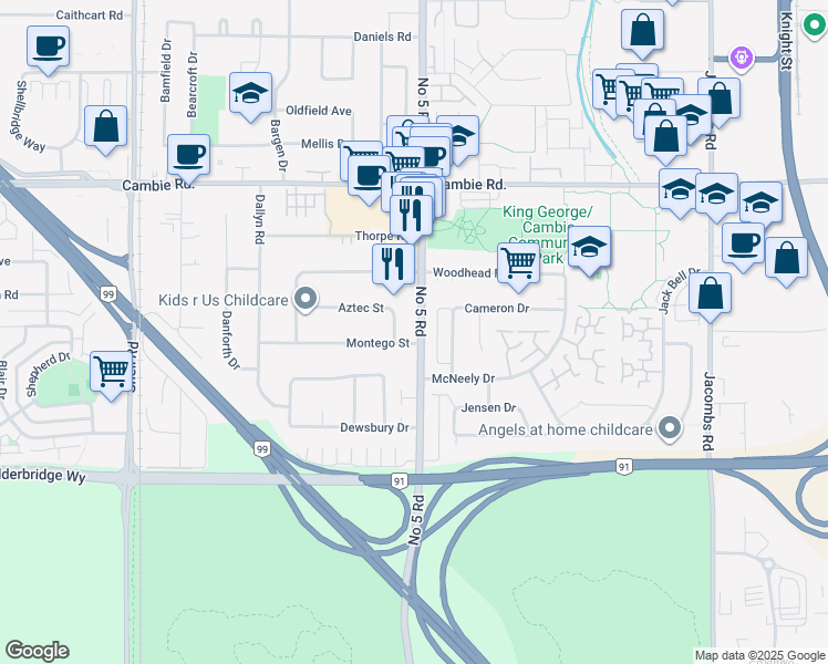 map of restaurants, bars, coffee shops, grocery stores, and more near 11971 Montego Street in Richmond