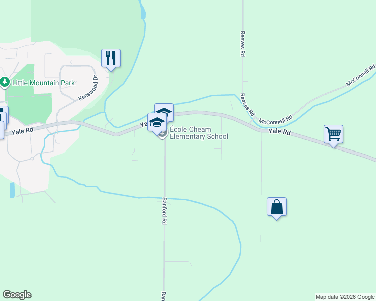 map of restaurants, bars, coffee shops, grocery stores, and more near 9850 Banford Road in Chilliwack