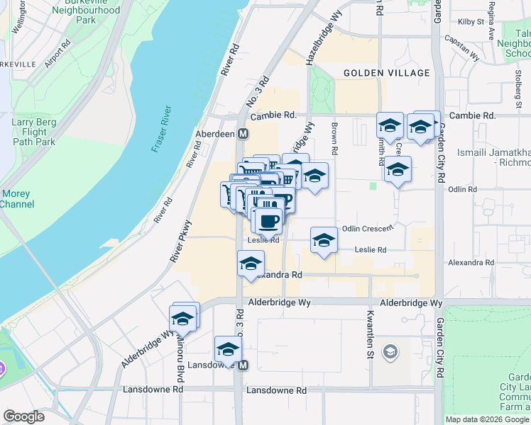 map of restaurants, bars, coffee shops, grocery stores, and more near 4540 Number 3 Road in Richmond