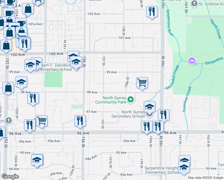 map of restaurants, bars, coffee shops, grocery stores, and more near 15753 98 Avenue in Surrey