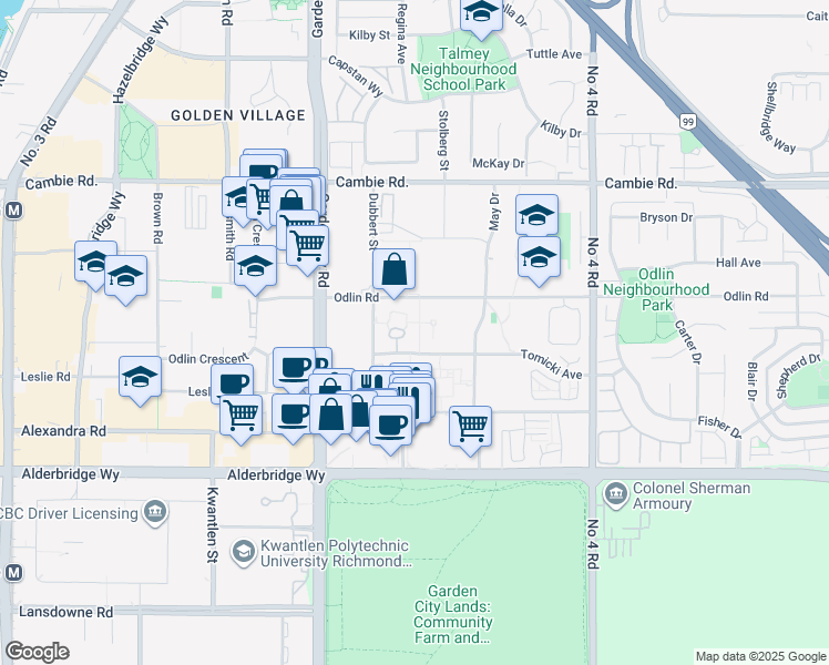 map of restaurants, bars, coffee shops, grocery stores, and more near 9299 Tomicki Avenue in Richmond