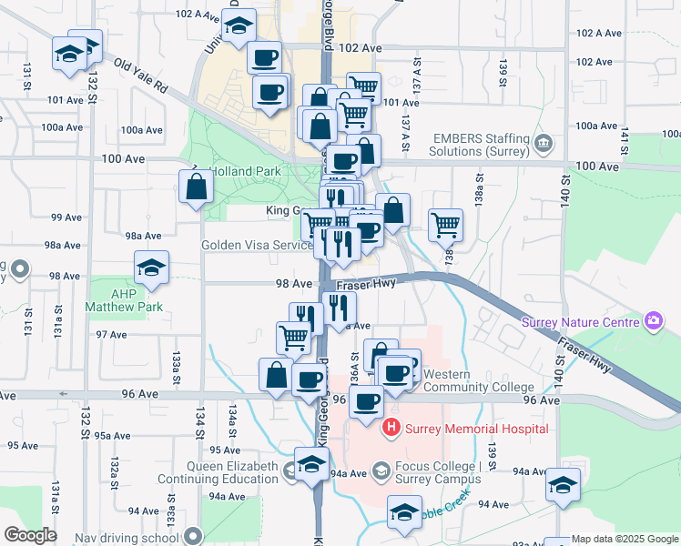 map of restaurants, bars, coffee shops, grocery stores, and more near 13615 Fraser Highway in Surrey