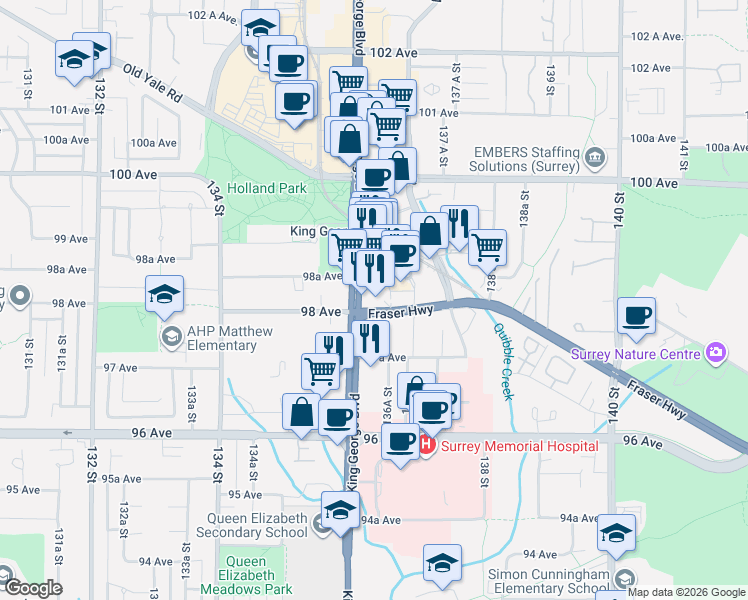 map of restaurants, bars, coffee shops, grocery stores, and more near 13615 Fraser Highway in Surrey