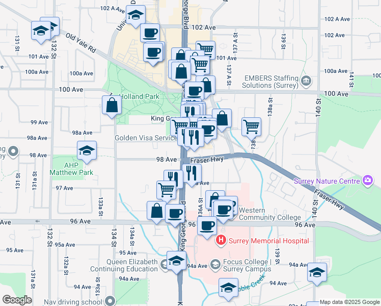 map of restaurants, bars, coffee shops, grocery stores, and more near 9808 King George Boulevard in Surrey