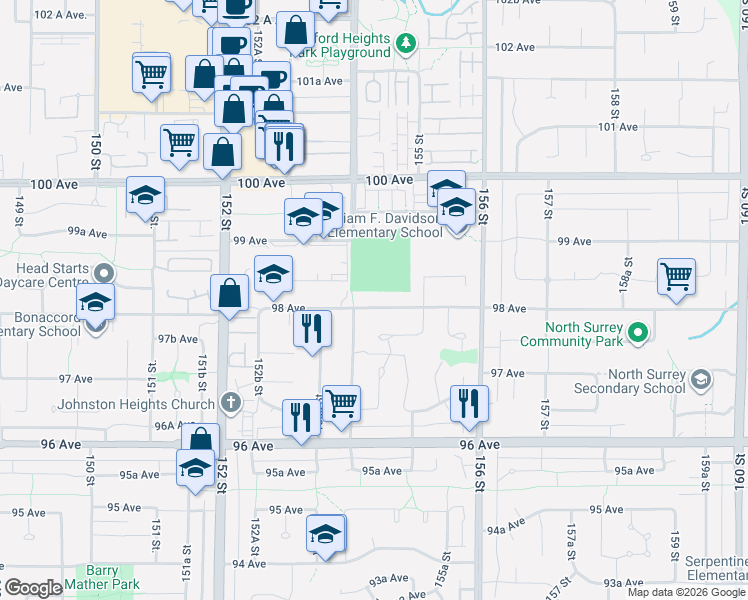 map of restaurants, bars, coffee shops, grocery stores, and more near 15425 98 Avenue in Surrey