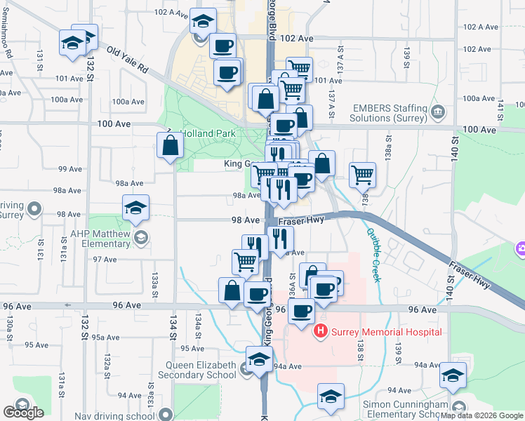 map of restaurants, bars, coffee shops, grocery stores, and more near 119-9801 King George Boulevard in Surrey