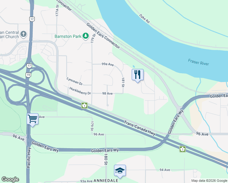 map of restaurants, bars, coffee shops, grocery stores, and more near 18055 98 Avenue in Surrey