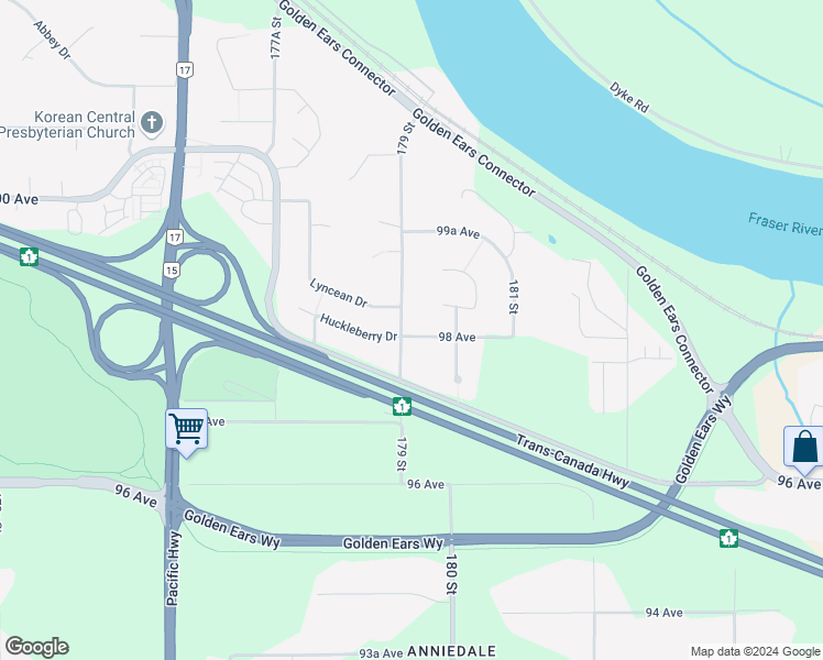 map of restaurants, bars, coffee shops, grocery stores, and more near 9820 179 Street in Surrey