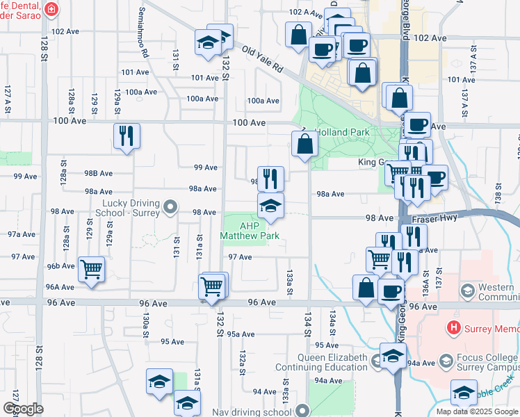 map of restaurants, bars, coffee shops, grocery stores, and more near 13278 98 Avenue in Surrey