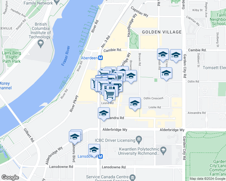 map of restaurants, bars, coffee shops, grocery stores, and more near 4540 Number 3 Road in Richmond