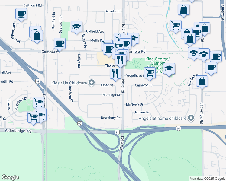 map of restaurants, bars, coffee shops, grocery stores, and more near 11880 Aztec Street in Richmond