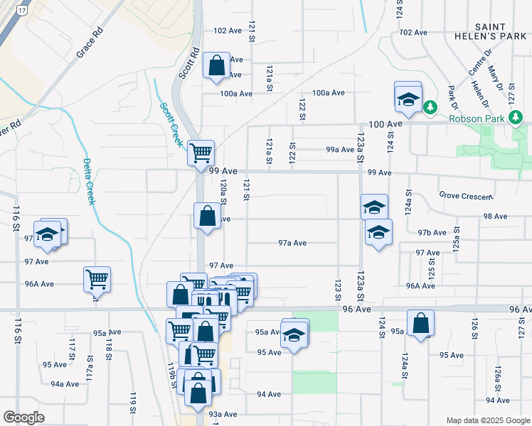 map of restaurants, bars, coffee shops, grocery stores, and more near 12139 98 Avenue in Surrey