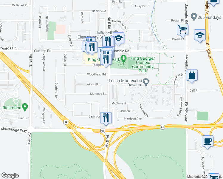 map of restaurants, bars, coffee shops, grocery stores, and more near 4380 Number 5 Road in Richmond