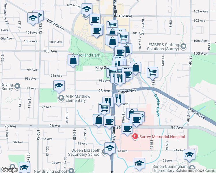 map of restaurants, bars, coffee shops, grocery stores, and more near 9835 King George Boulevard in Surrey