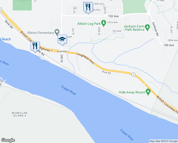 map of restaurants, bars, coffee shops, grocery stores, and more near 24228 River Road in Maple Ridge