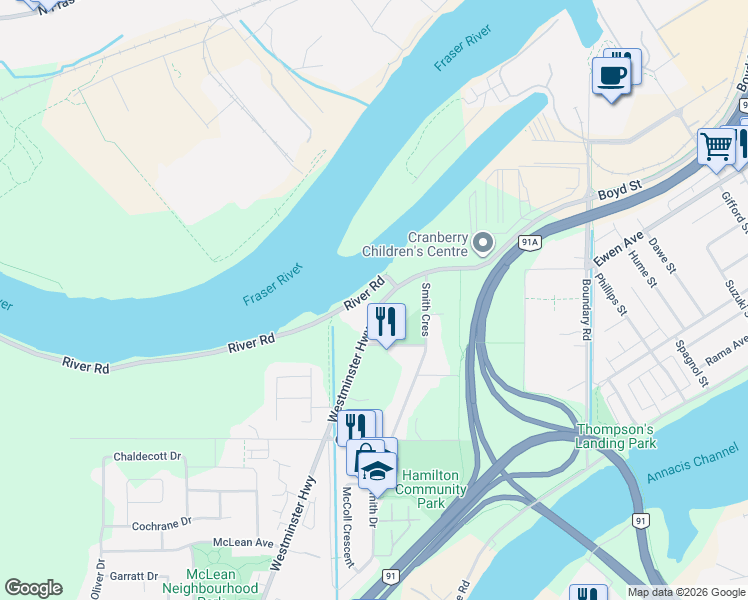 map of restaurants, bars, coffee shops, grocery stores, and more near 23271 Westminster Highway in Richmond